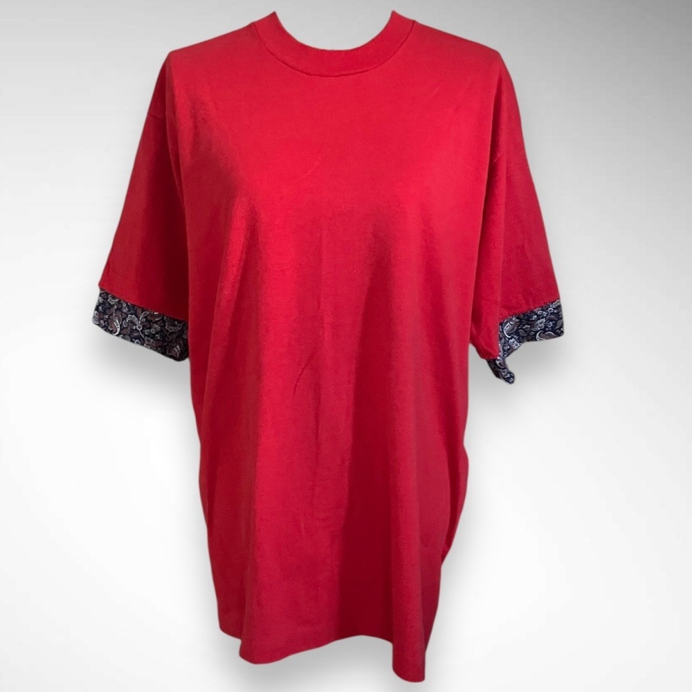FRUIT OF THE LOOM Women's Vintage Red Short Sleeve T-Shirt Paisley Cuffs | EUC
